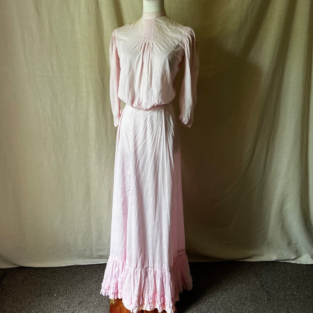 Antique Edwardian‎ Pink Cotton 2 Pc Dress Set Pintuck Ruffle Hem c.1900-1910 XS